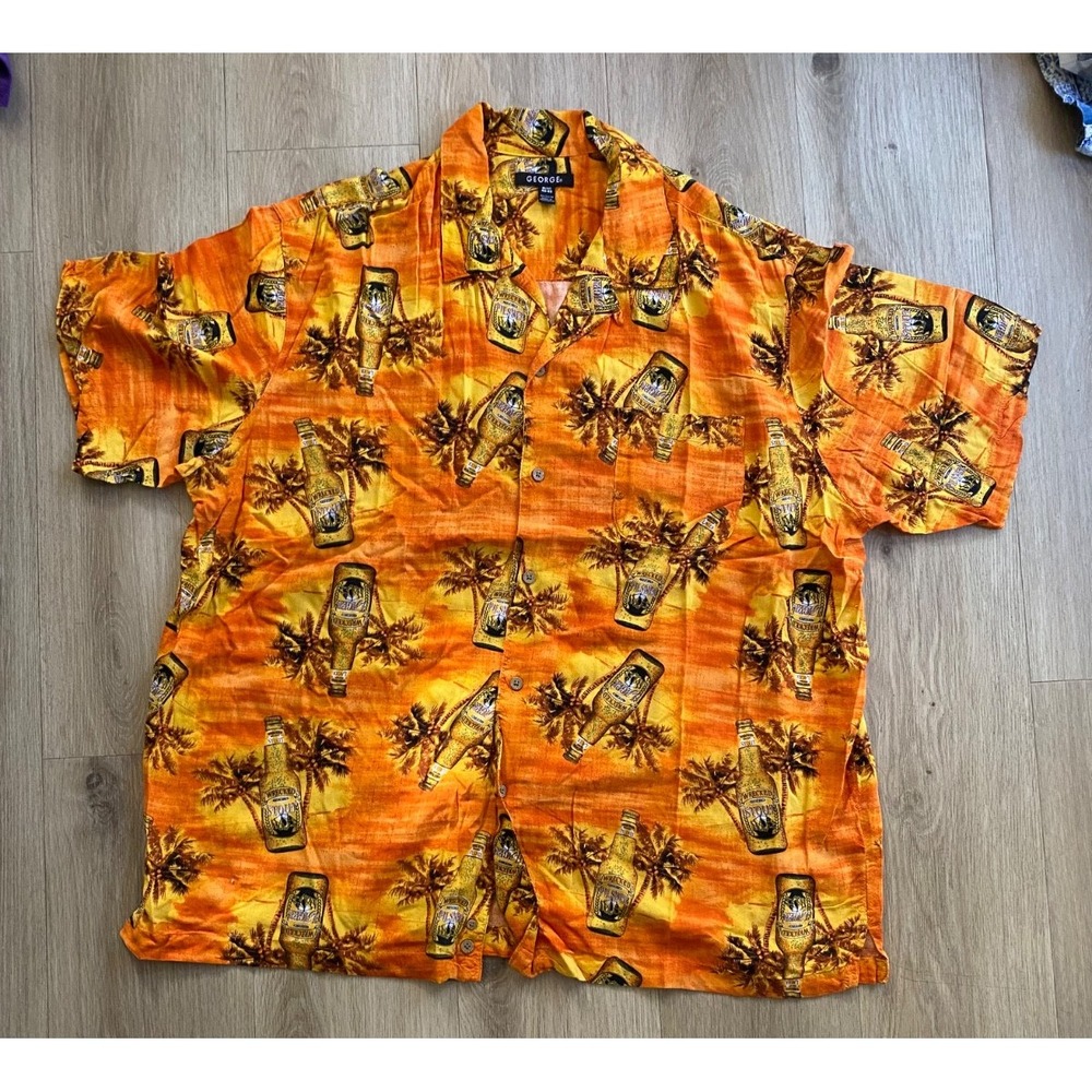 George Mens XL Hawaiian Aloha Shirt Rayon Orange Tiki Tropical Palm Beer Bottle